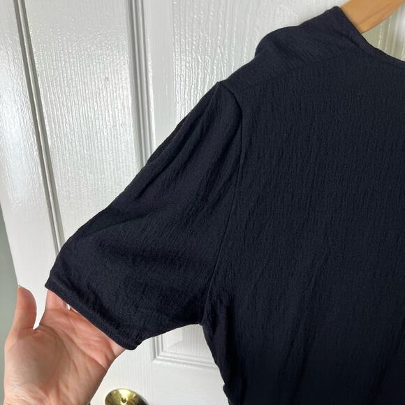 BA&SH Oya Wool Blend Dark Blue V Neck Short Sleeve Faux Wrap Office Midi Dress M - Picture 6 of 9